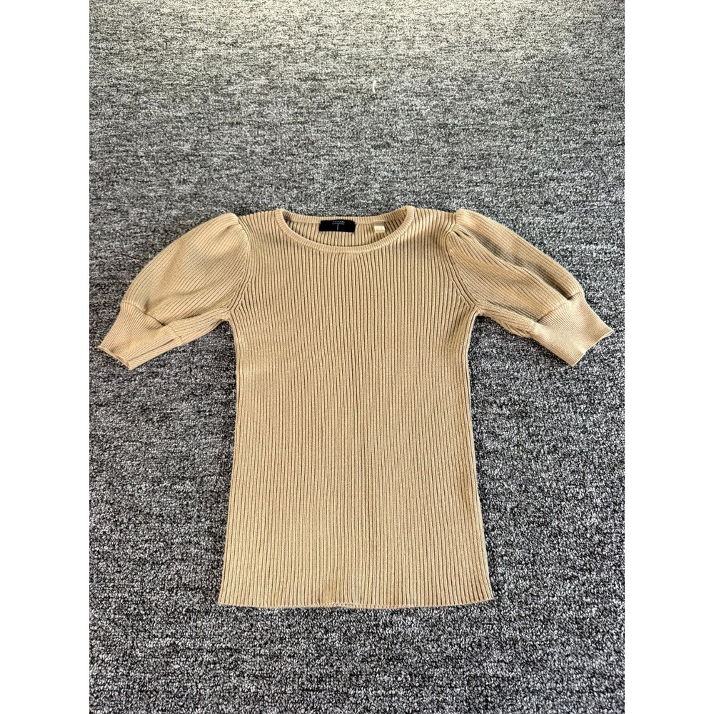 Tahari Blouse Top Womens XS Tan Soft Ribbed Knit Round Neck Pullover Puff Sleeve